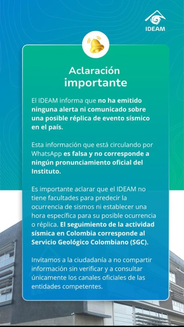 IDEAM desmiente falsa alerta de WhatsApp sobre réplicas tras el fuerte sismo en Colombia