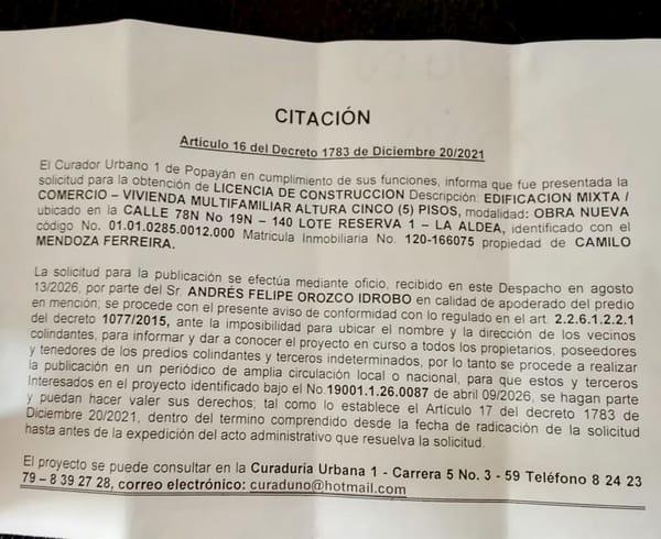 Solicitud de licencia urbanística de construcción en la modalidad de obra nueva para el predio localizado en la calle 78N No. 19N - 140 lote Reserva 1 – La Aldea, propiedad de Camilo Mendoza Ferreira.