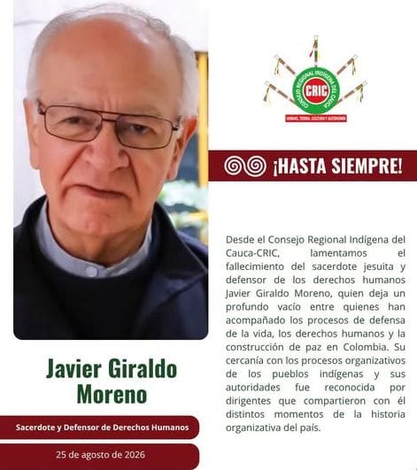 Congreso de los Pueblos lamentó la muerte del sacerdote jesuita Javier Giraldo Moreno