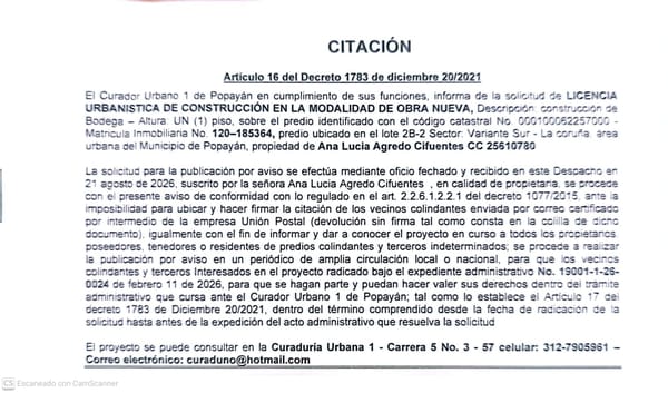 Solicitud de licencia urbanística de construcción en la modalidad de obra nueva para el predio localizado en el lote 2B-2 sector Variante Sur - La Coruña, propiedad de Ana Lucia Agredo Cifuentes.