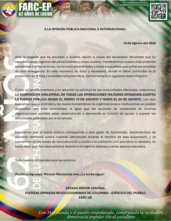 En medio de emergencia por terremoto, las disidencias de las Farc anunciaron suspensión de operaciones militares
