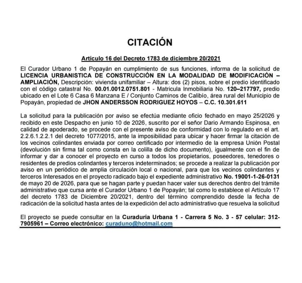 Curaduría Urbana 1 de Popayán informa sobre trámite de ampliación de vivienda en Caminos de Calibío