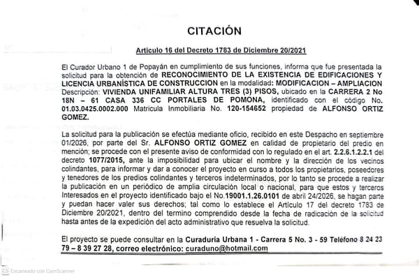 Solicitud de licencia urbanística de construcción en la modalidad de modificación – ampliación para el predio localizado en la carrera 2 No. 18N - 61 casa 336 CC Portales de Pomona, propiedad de Alfonso Ortiz Gomez.