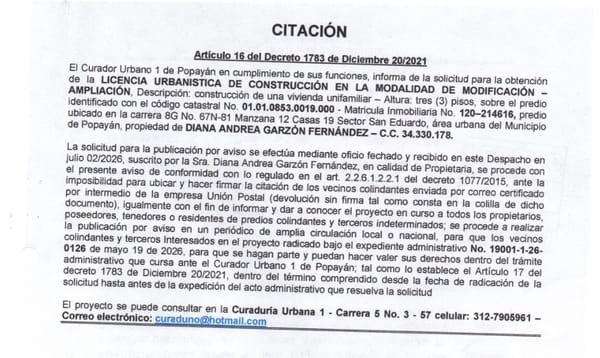 Solicitud de licencia urbanística de construcción para el predio localizado en la carrera 8G No. 67N-81 manzana 12 casas 19 sector San Eduardo, propiedad de Diana Andrea Garzón Fernández.