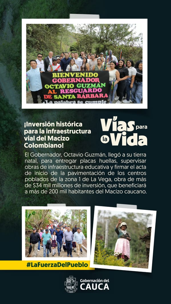 Gobernador del Cauca, Octavio Guzmán, confirma inicio de pavimentación de vías por más de $34.000 millones en La Vega, Cauca